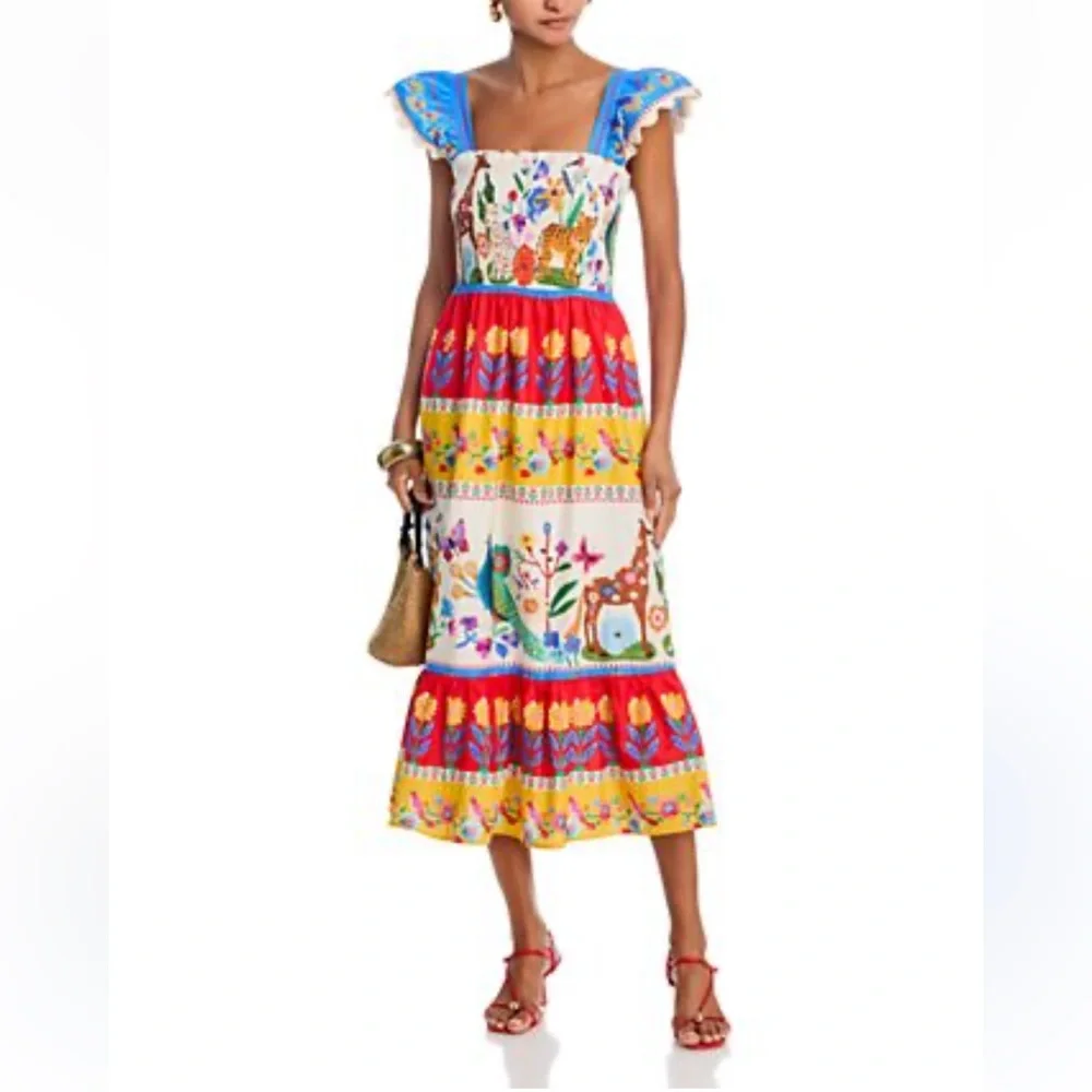 THML Tropical Animal Print Smocked Midi Dress Small Anthropologie NWT - Picture 4 of 16